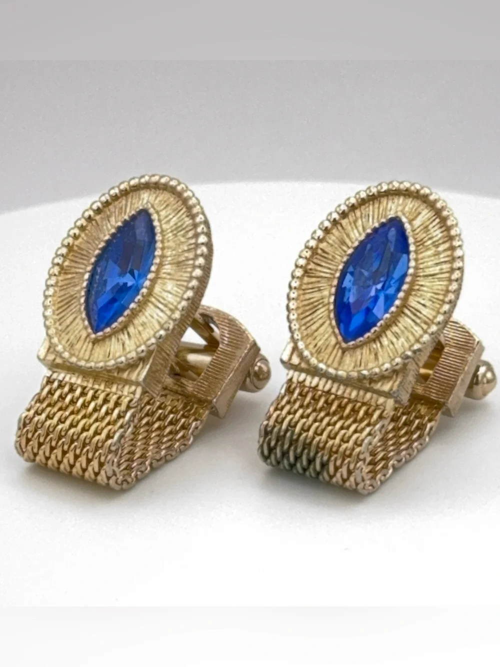 SWANK Gold-Tone Wrap Around Cuff Links with Blue Marquise Style Rhinestone